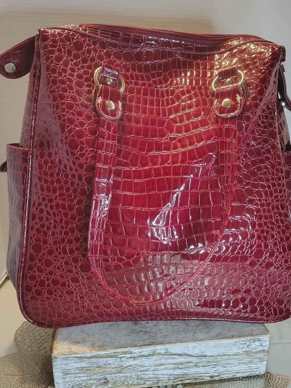 Kathy Van Zeeland Burgundy Croc-Embossed Tote Travel Bag 16